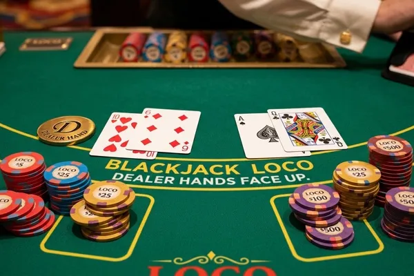 Mesa de blackjack con cartas y fichas sobre el paño verde, vista desde la posición del jugador